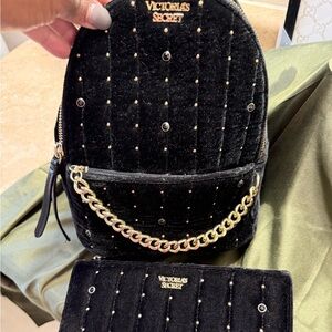 Victoria’s Secret Velvet Mini Backpack + Matching Wallet Set – Black Studded